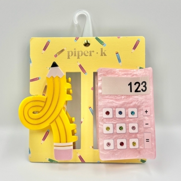 🔹️Piper K🔹️ Adorable Yellow Pencil and Pink Calculator Set Hair Clip - Picture 1 of 2